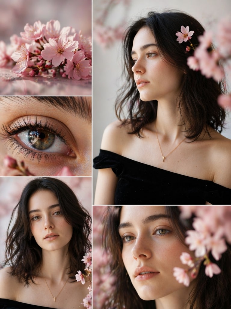 Cinematic sakura collage with eye close-up and side profile
