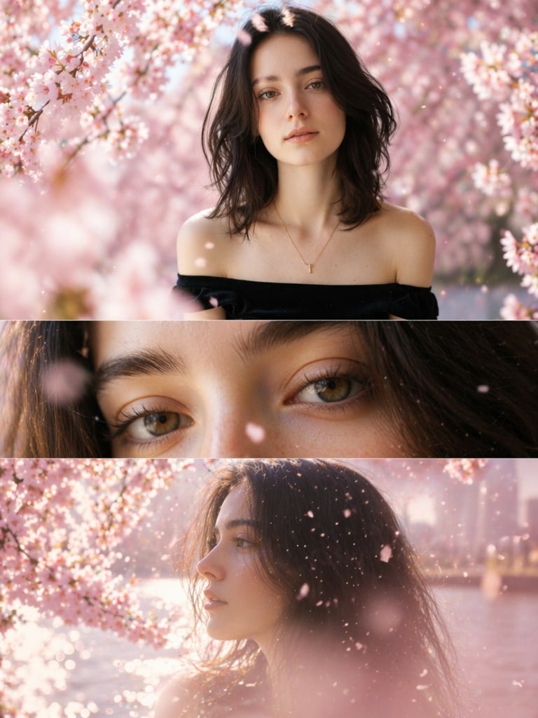 Dreamy AI sakura collage portrait with cherry blossoms