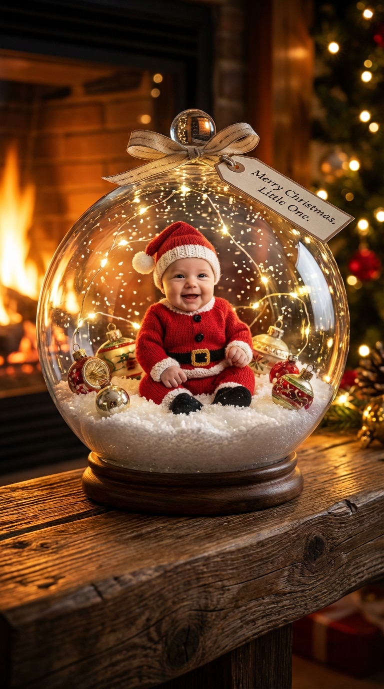 Christmas baby inside a snow globe in a Santa outfit