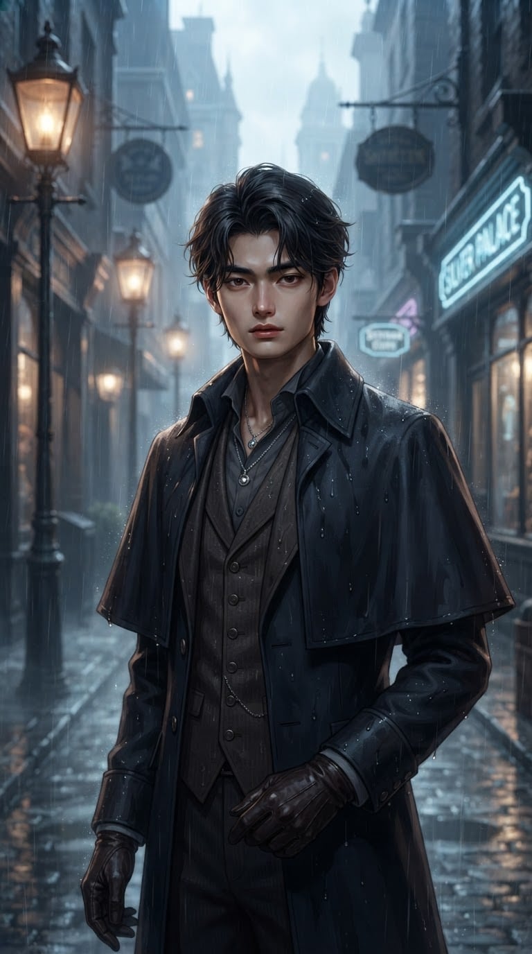 Rainy Silvernia alley character prompt