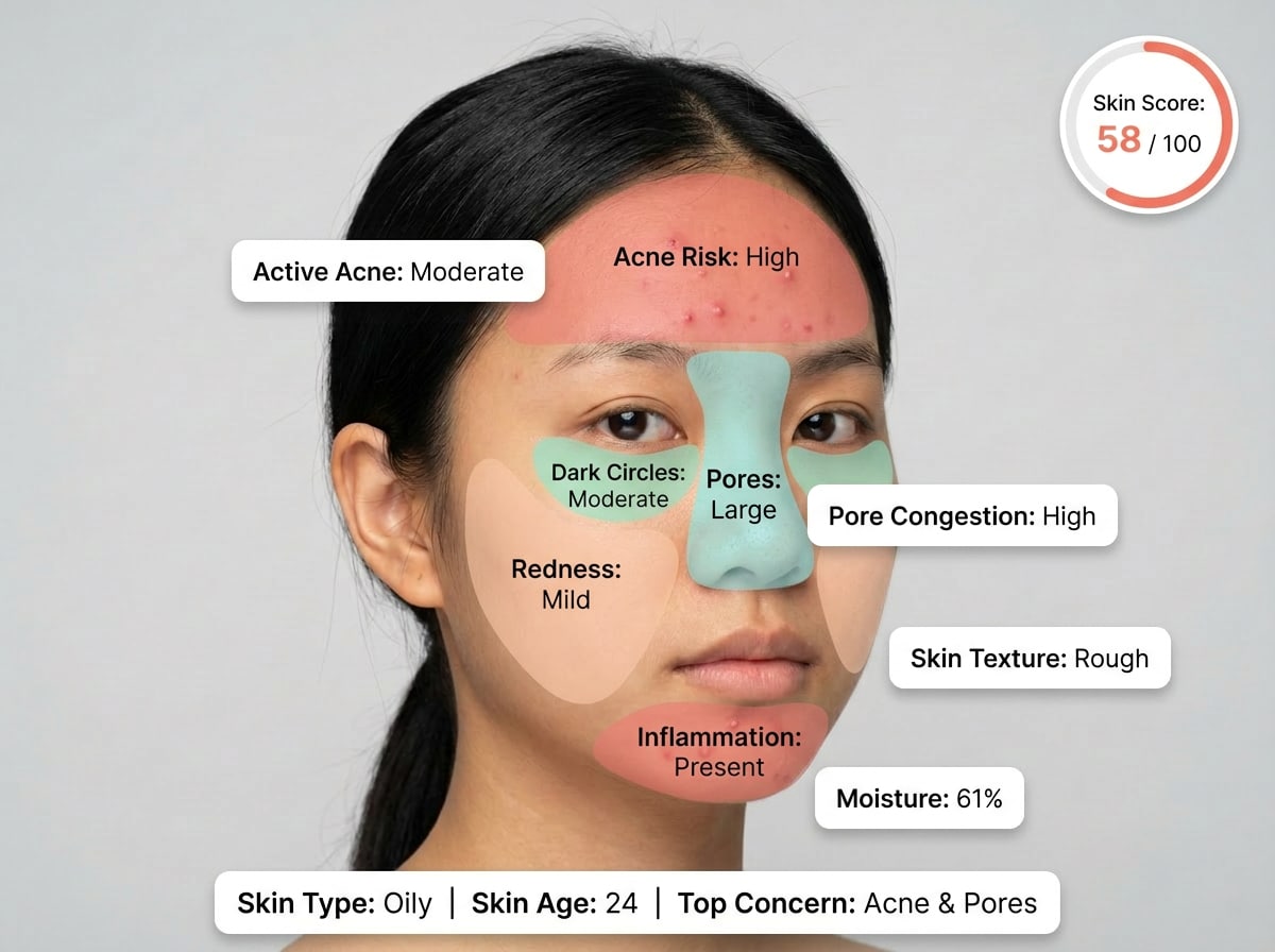 AI skin analysis result showing acne zone mapping and inflammation score