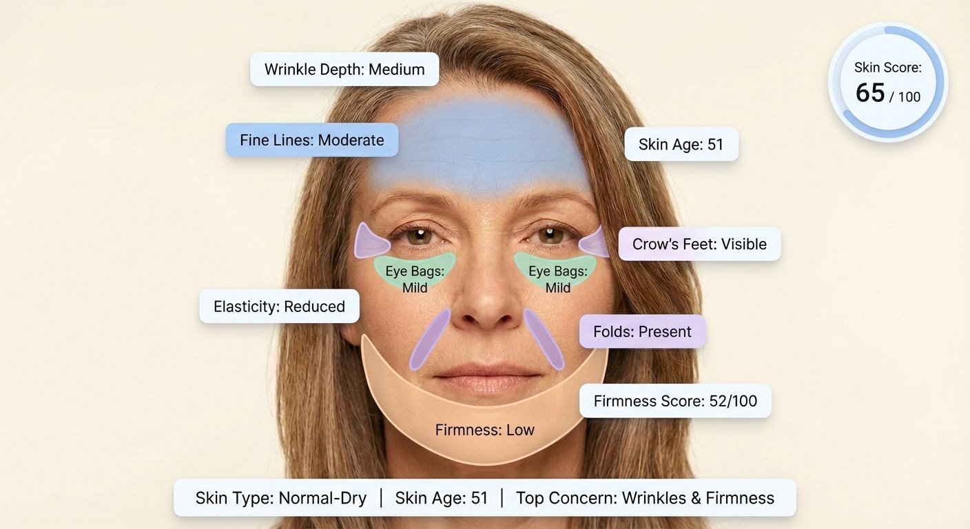 AI skin analysis result showing wrinkle depth, firmness score and skin age