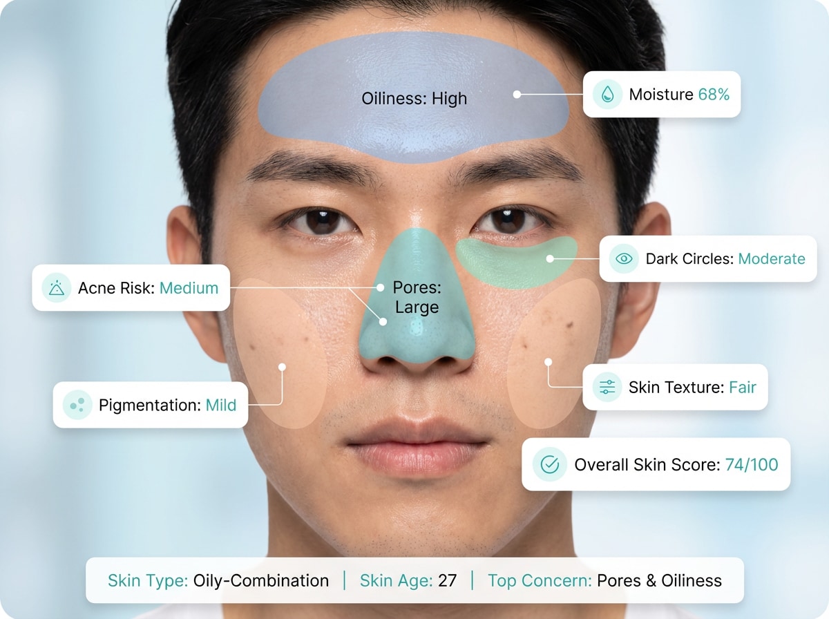 AI skin analyzer result for male showing acne score, pore size, oiliness and overall skin health score