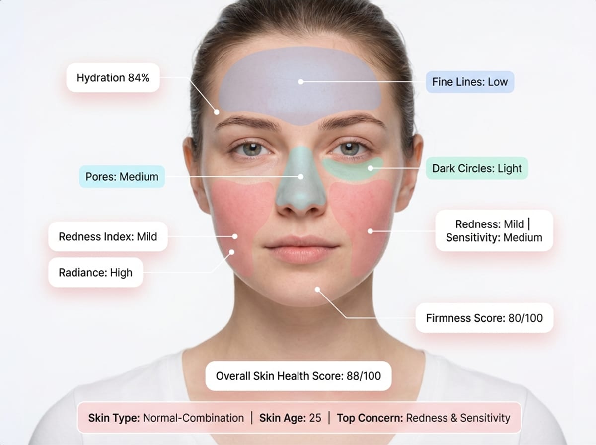 AI skin analysis report for female showing hydration level, sensitivity zone, pigmentation and skin age