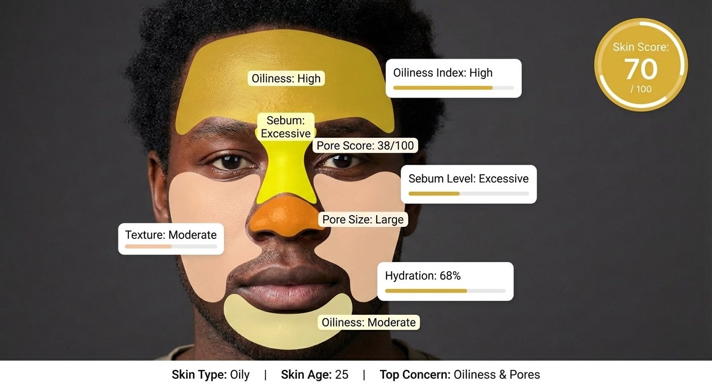 AI skin result showing sebum distribution map and large pore size grading
