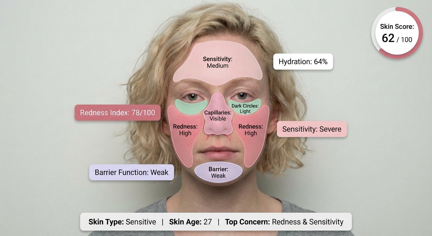 AI skin result showing redness zones, sensitivity severity and barrier strength score