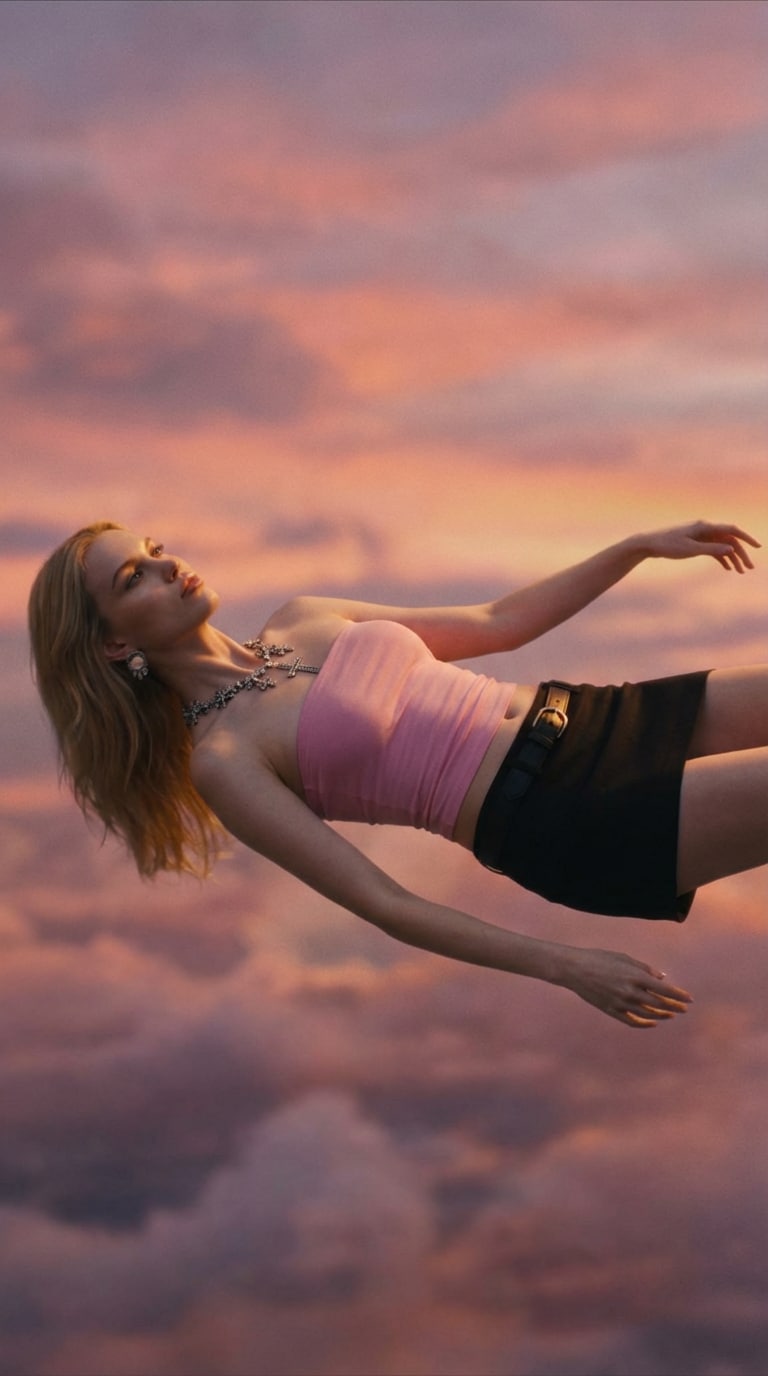 Close-up result: cinematic floating shot above soft golden clouds