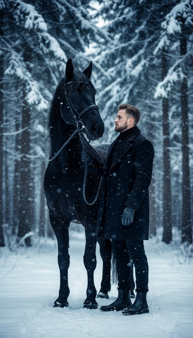 Snowland man with black horse
