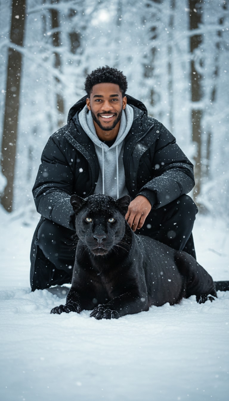 Snowland man with black panther