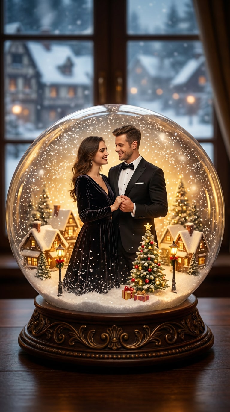 Couple in formal wear inside a snow globe with swirling snow and village lights