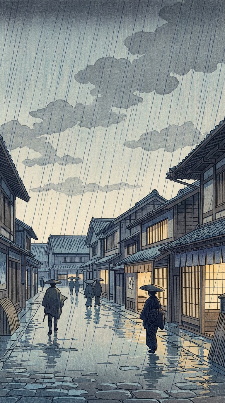 雨の街道を浮世絵風に生成