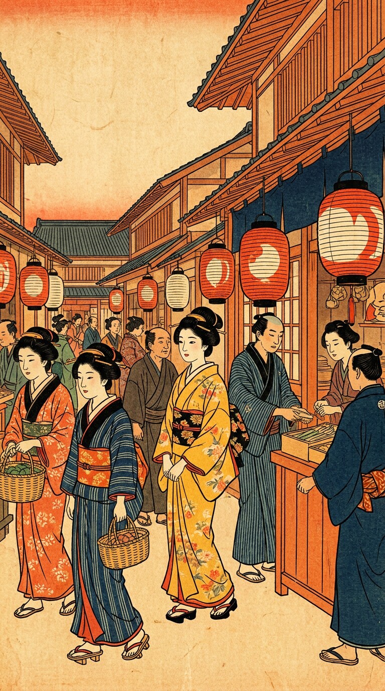 町人の日常を浮世絵風に生成