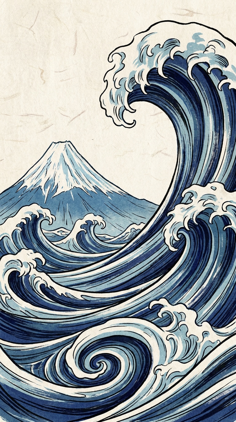 富士山と波の浮世絵風AI画像