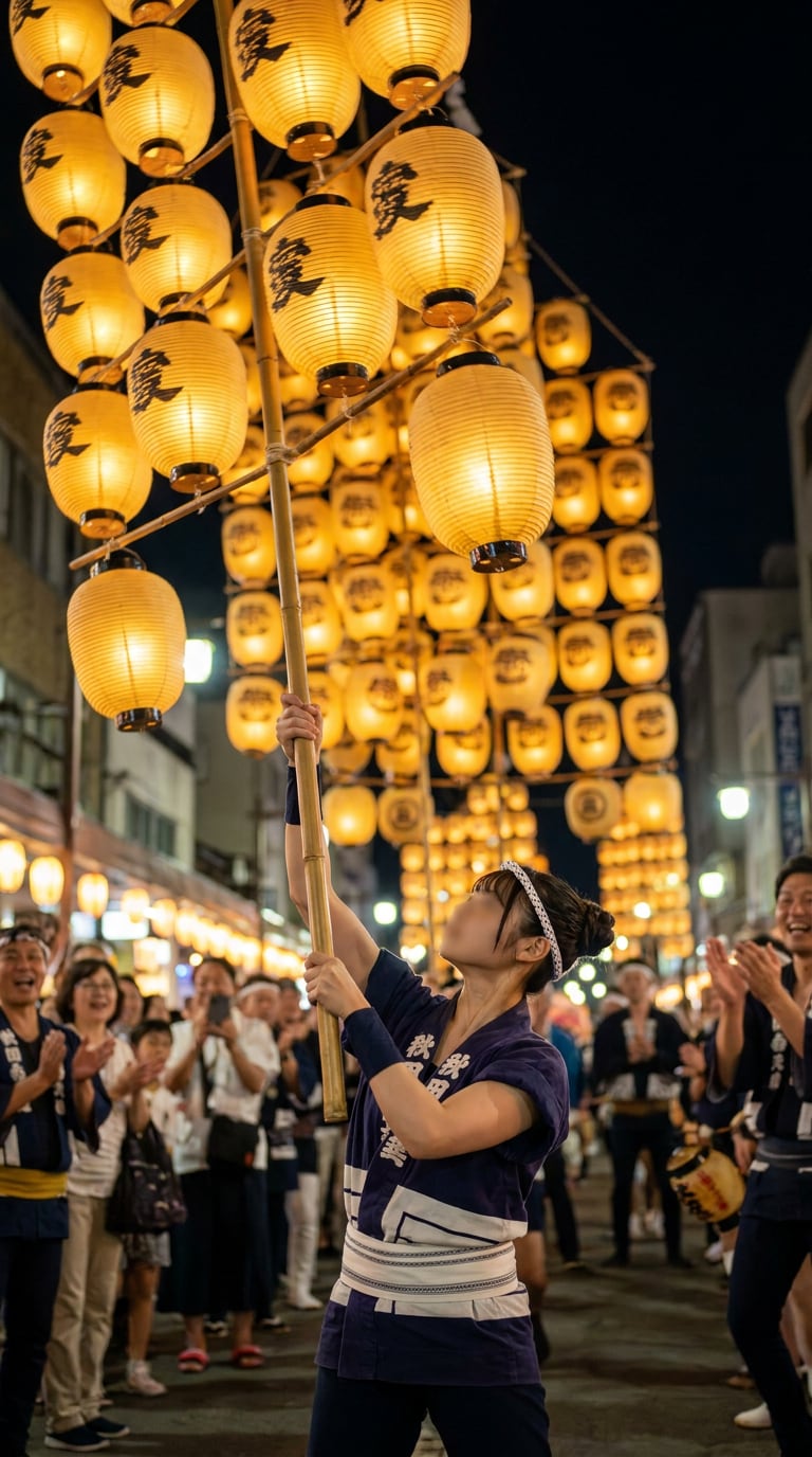 差し手と竿燈の夏祭りAI画像