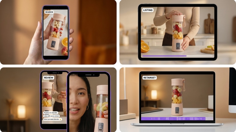 Multiple Amazon product video ad styles for listing proof review clips and Sponsored Brands creative drafts
