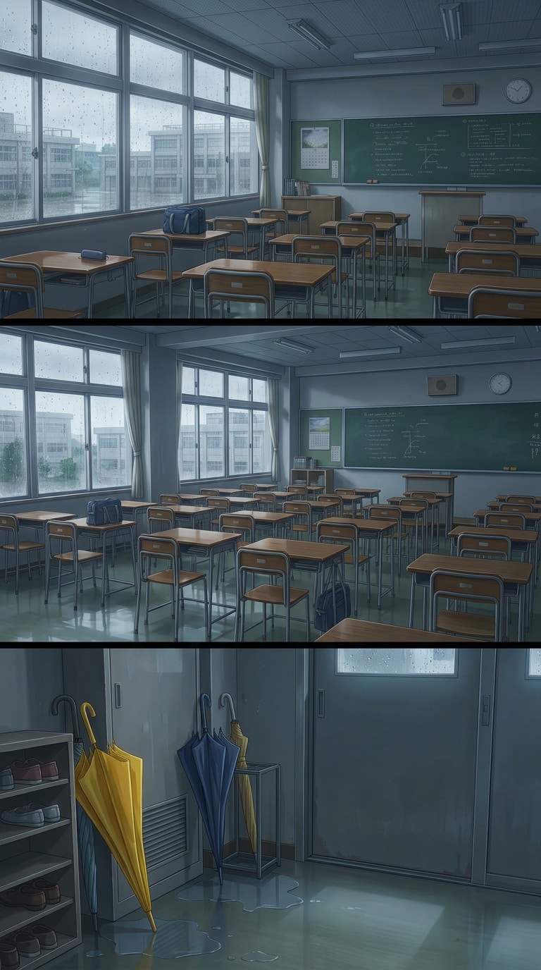 rainy day anime school prompt