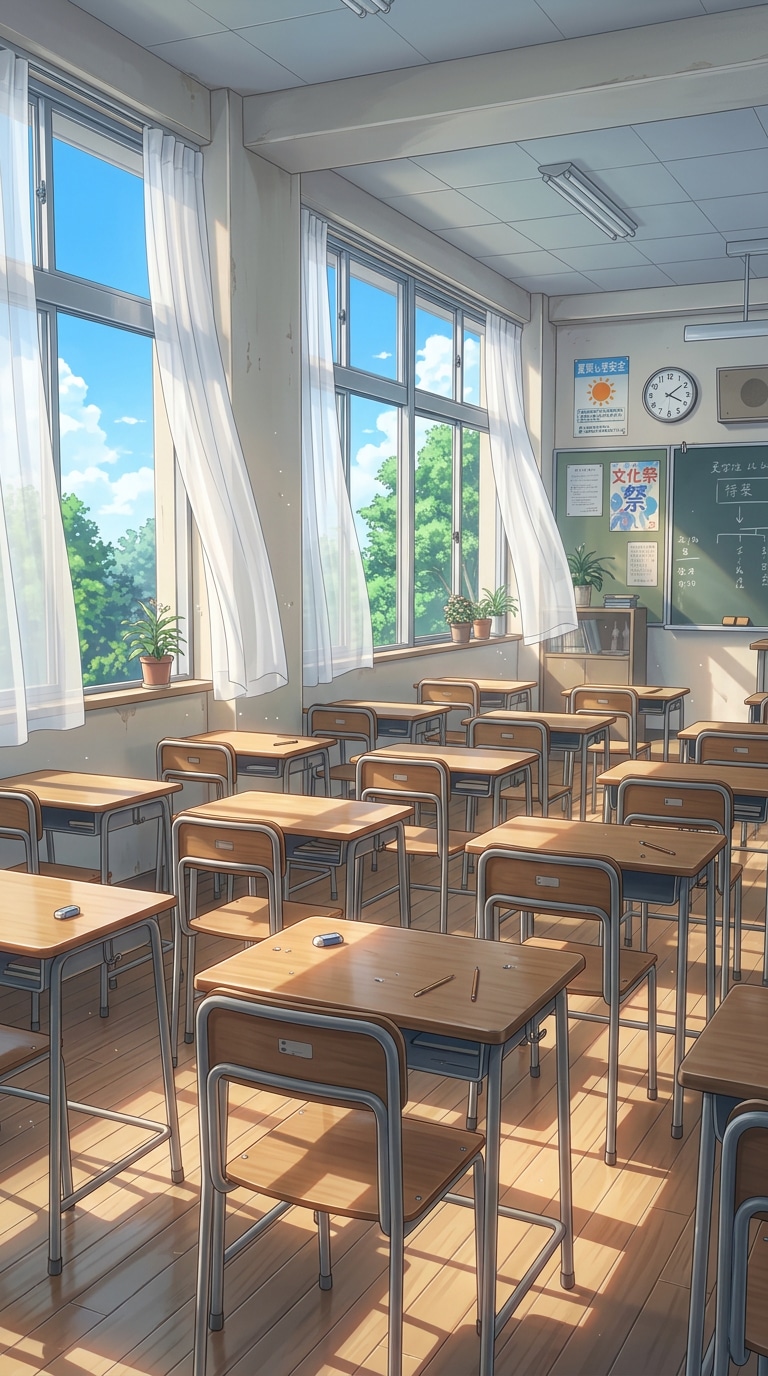 summer anime classroom background prompt