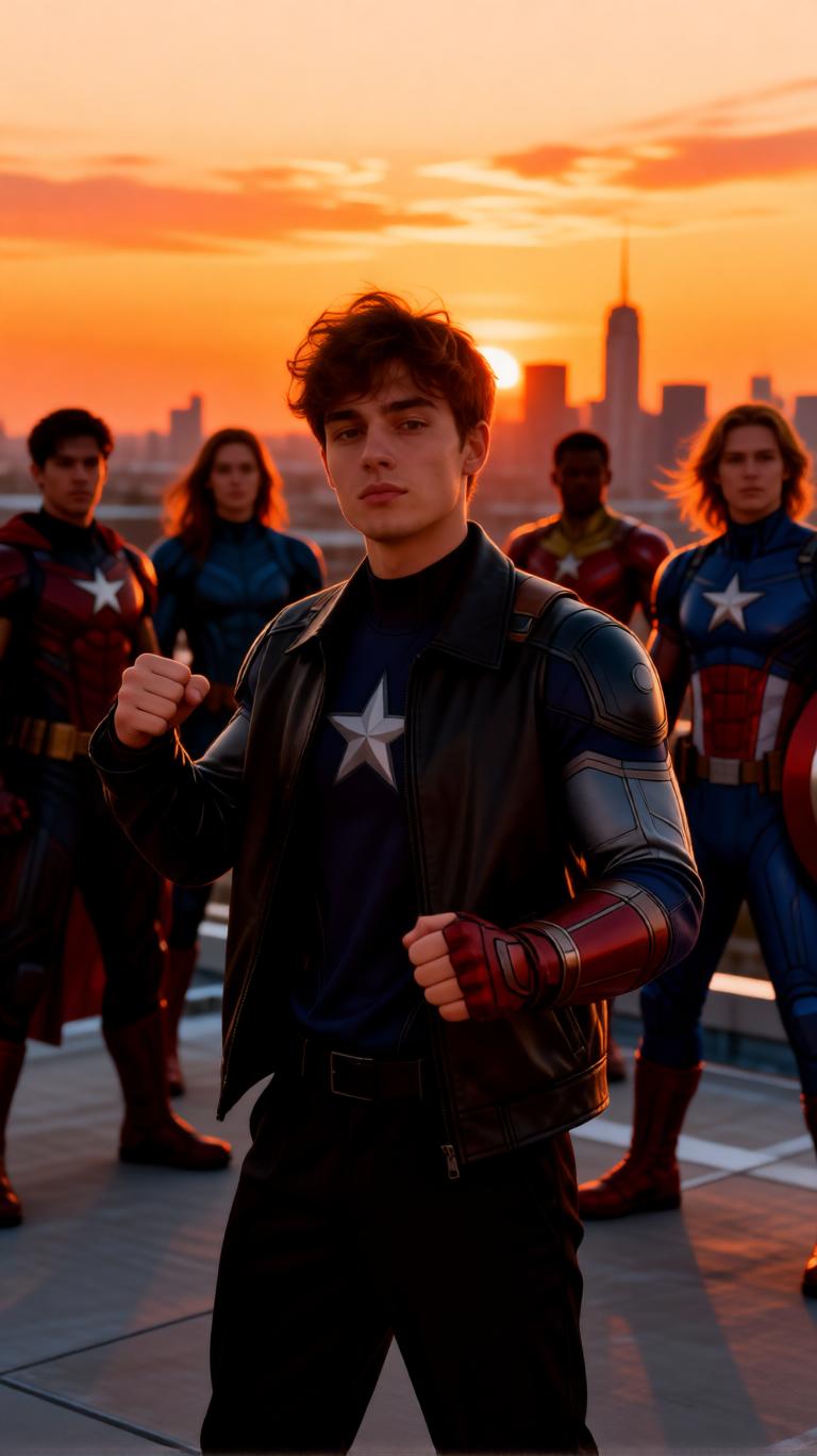 Avengers group rooftop sunset prompt
