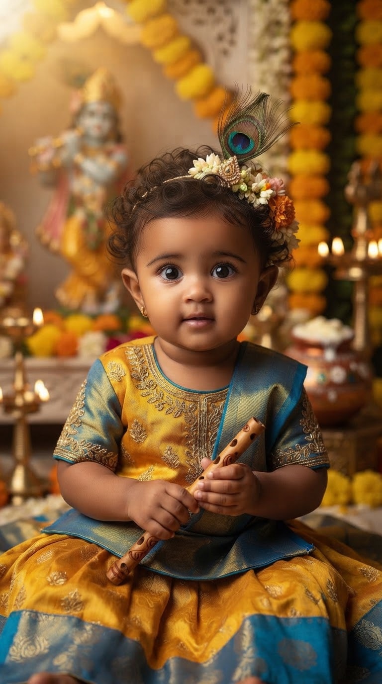Peacock Feather Janmashtami Backdrop Prompt