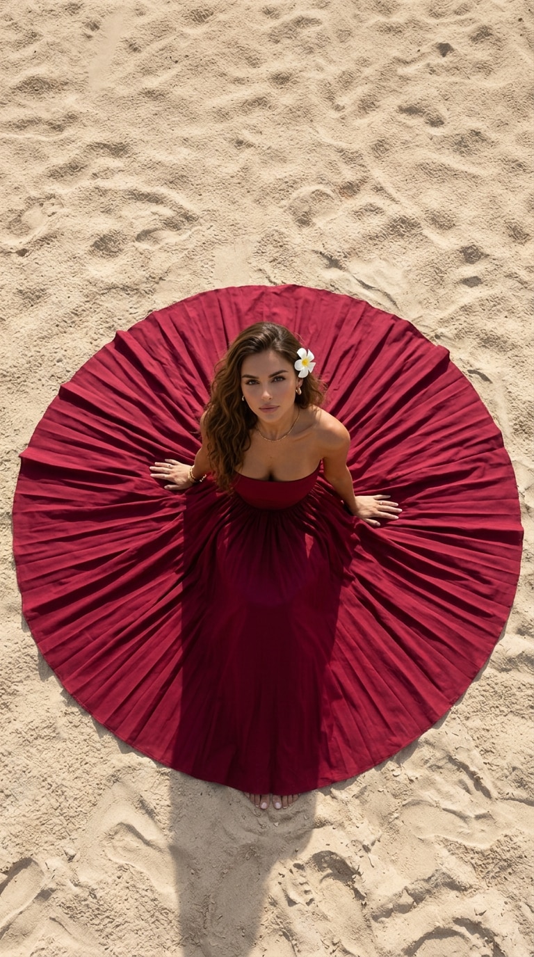Burgundy gown tropical beach aesthetic AI photo