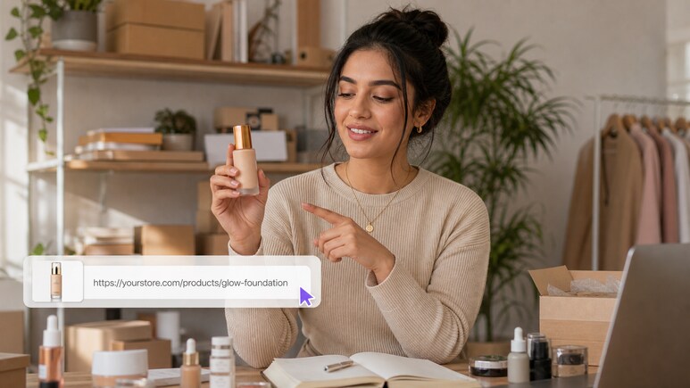 AI Beauty Product Photography workflow turning a product URL or owned images into a product-first video brief