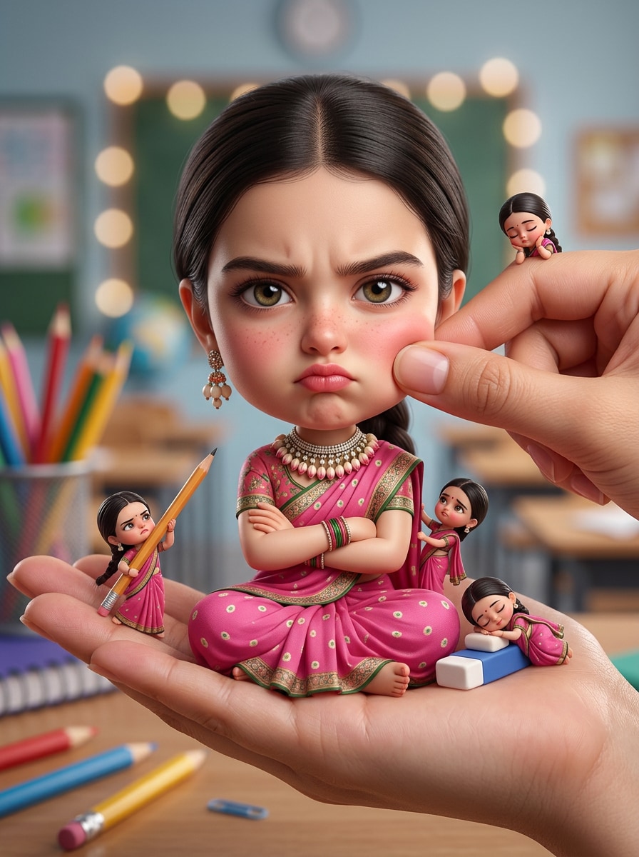 AI generated big head miniature portrait - tiny character sitting on hand with cute expression