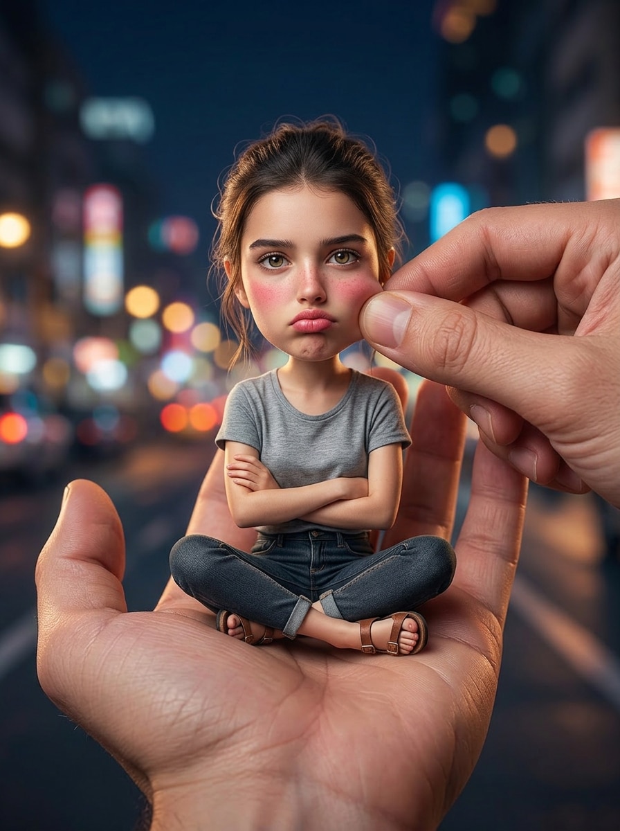Angry Cute Big Head Miniature - Person in Hand with Pouty Expression