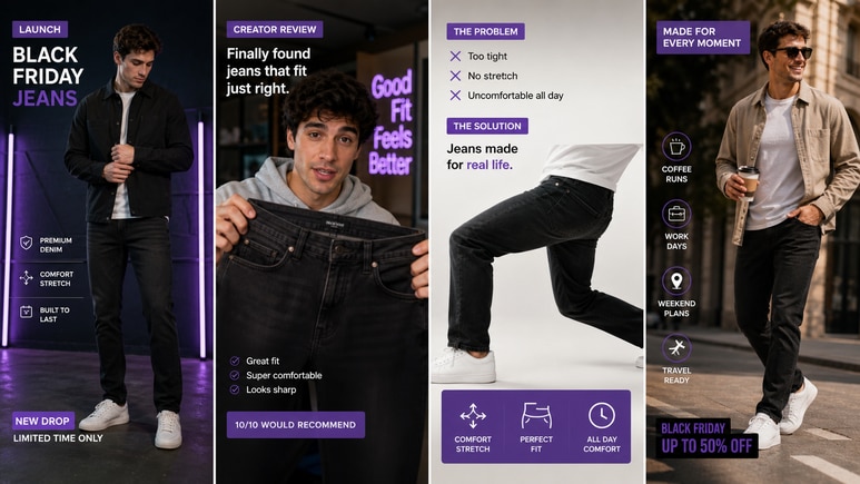 Multiple Black Friday Jeans short video styles for ecommerce creative testing