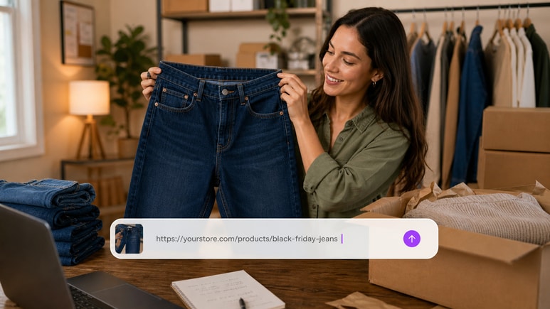 AI Black Friday Jeans workflow turning a product URL or owned images into a product-first video brief