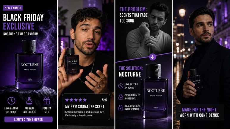 Multiple Black Friday Perfume short video styles for ecommerce creative testing