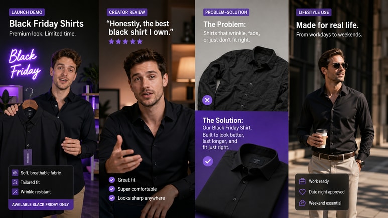 Multiple Black Friday Shirts short video styles for ecommerce creative testing