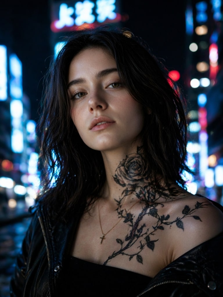 Cyberpunk Tattoo Portrait Style black rose tattoo AI filter prompt