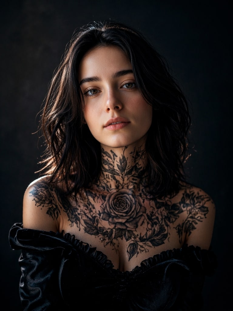 Tattoo Model Editorial Style black rose tattoo prompt