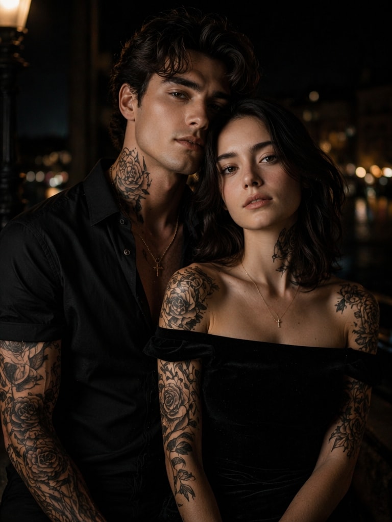 TikTok-style AI black rose filter portrait with realistic tattoos