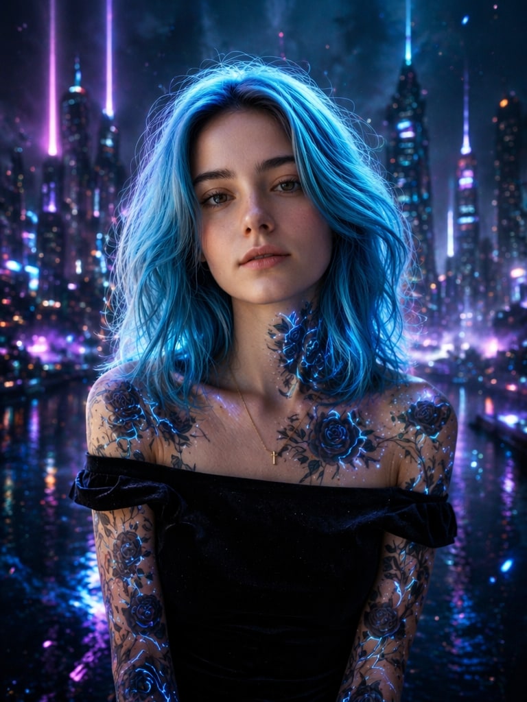 Blue Neon Fantasy Style black rose tattoo AI prompt