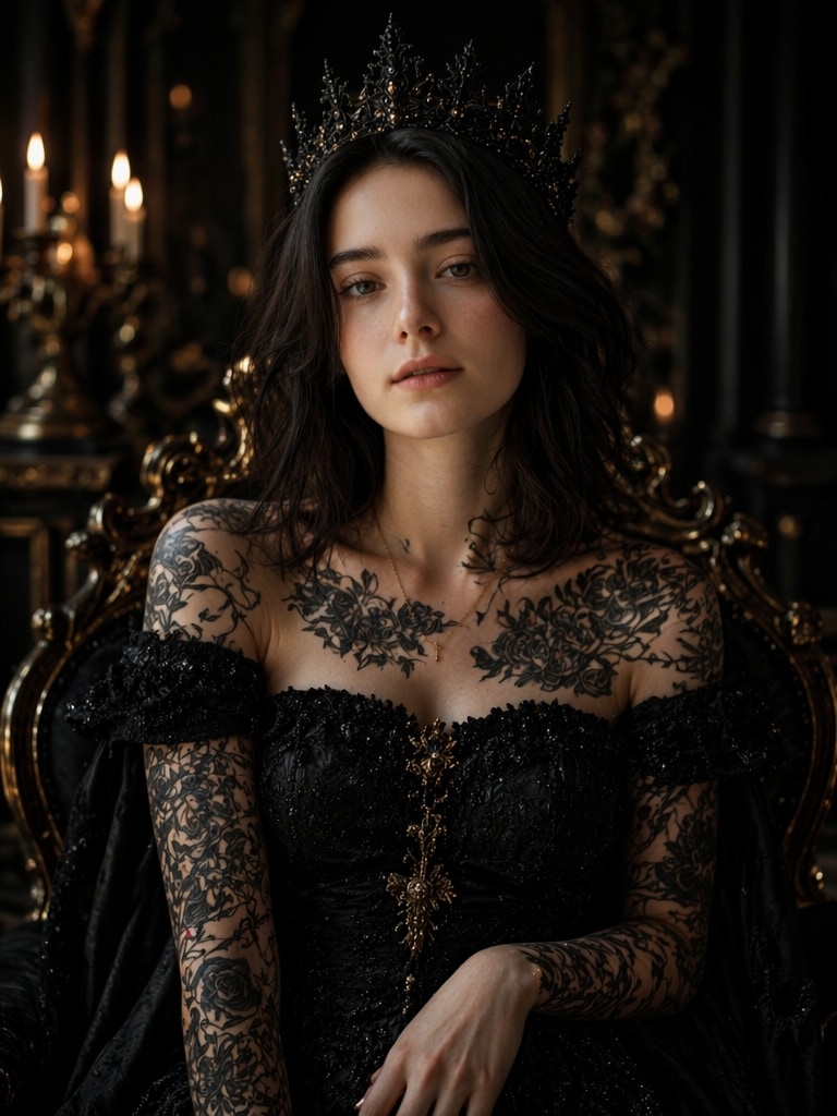 Dark Queen Portrait Style black rose tattoo AI filter prompt