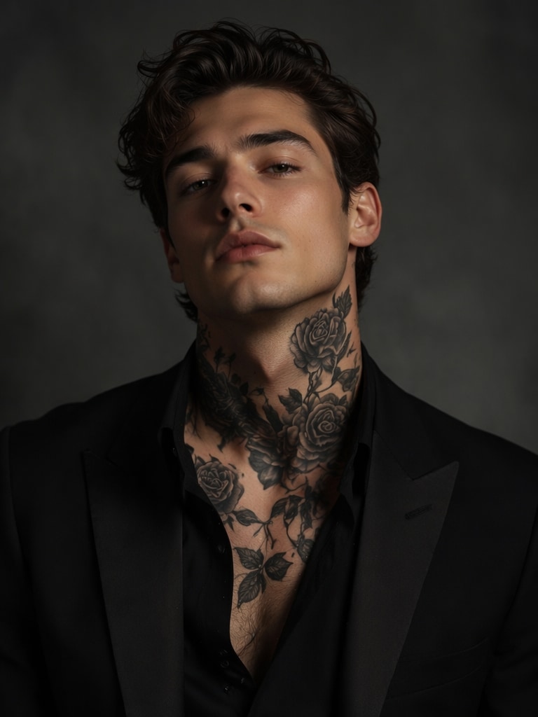 Cinematic Male Model Style black rose tattoo AI prompt