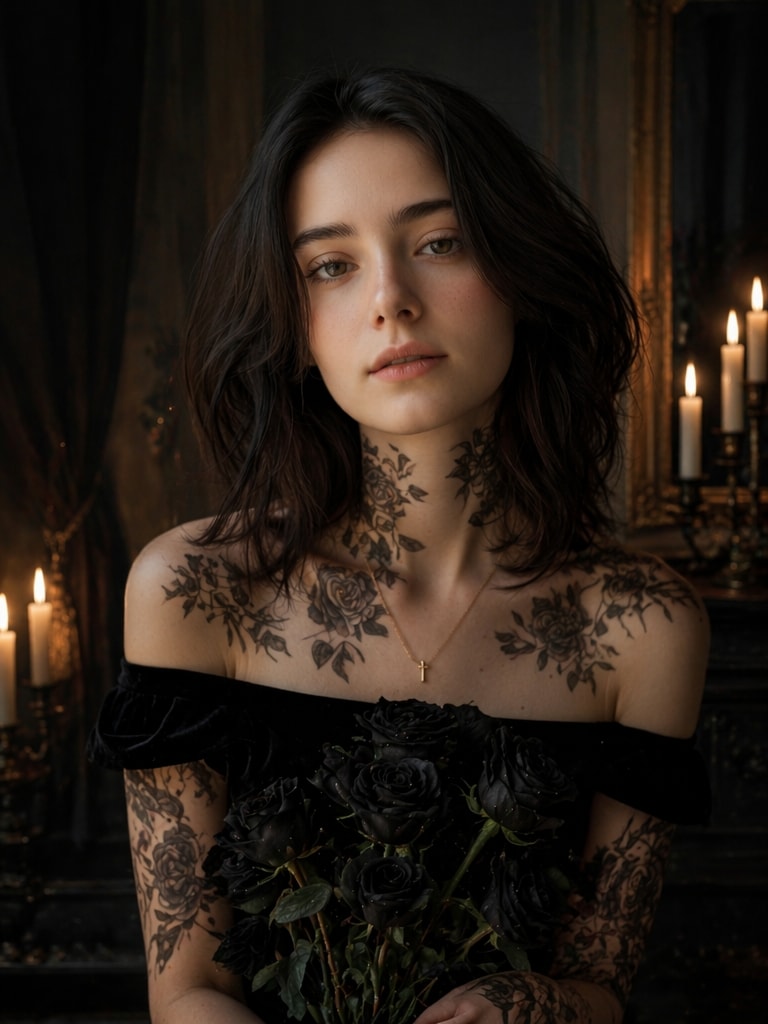 Dark Romantic AI Filter Style black rose tattoo prompt
