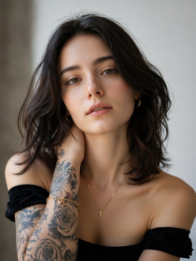 Luxury Portrait Photography Style black rose tattoo AI filter prompt