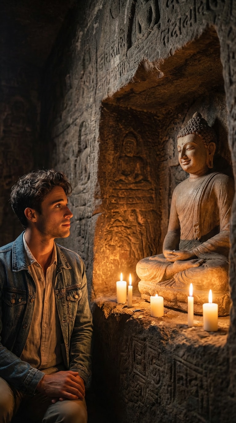 Cave Encounter Mystical Buddha AI Prompt