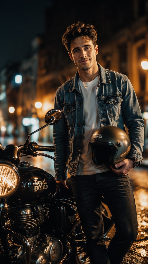 AI generated Royal Enfield Bullet night portrait result