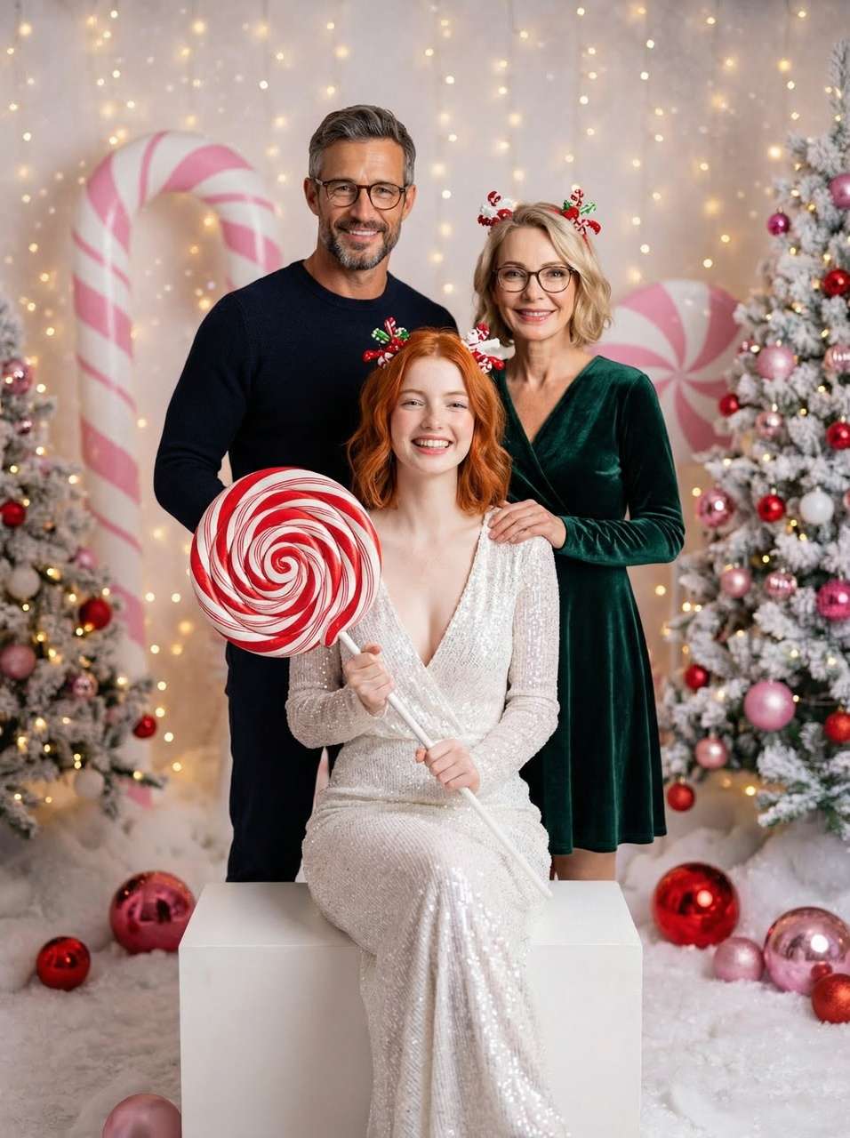 ChatGPT family Christmas photo prompt — candy cane studio family
