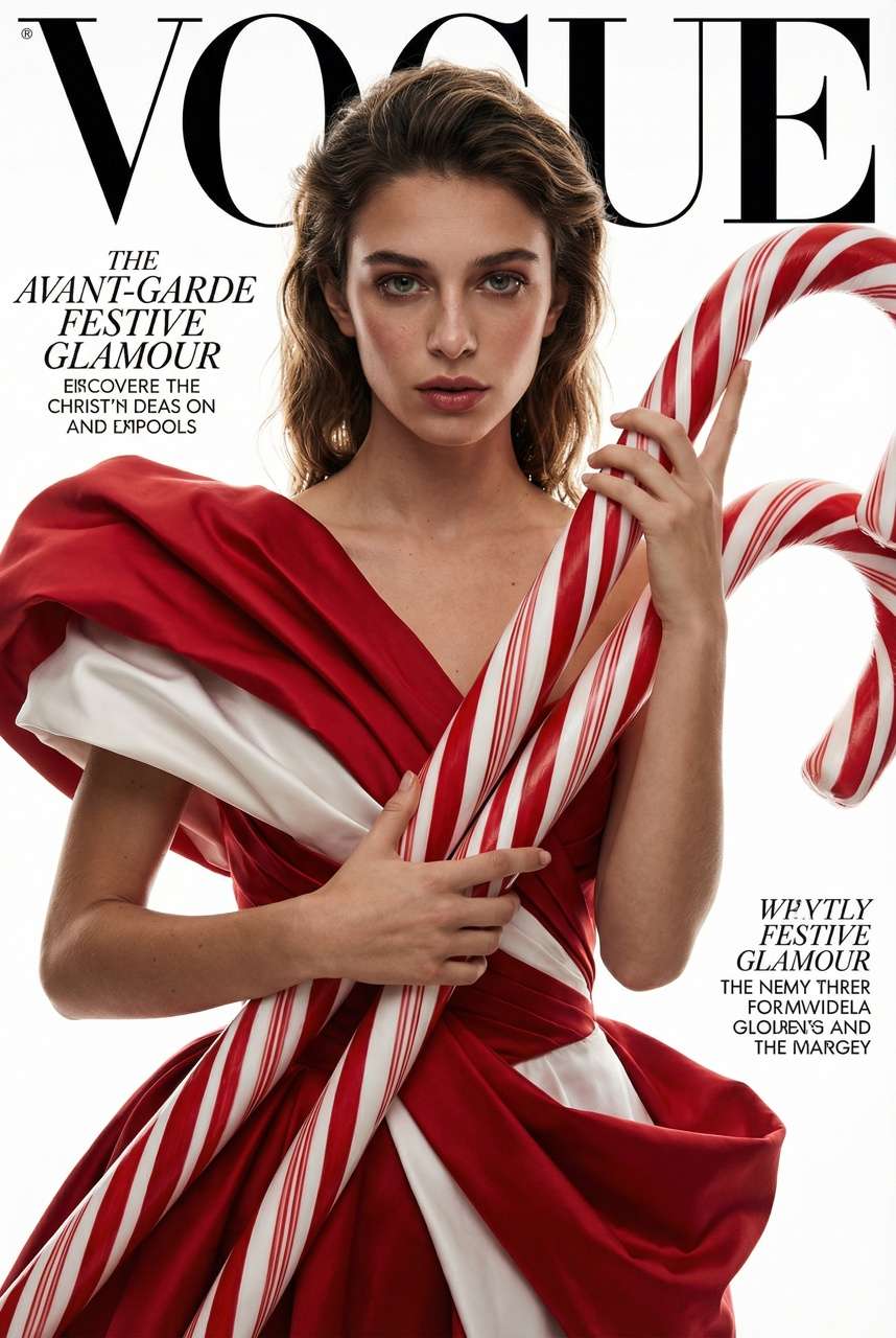 ChatGPT Christmas photo prompt — Vogue candy cane cover style