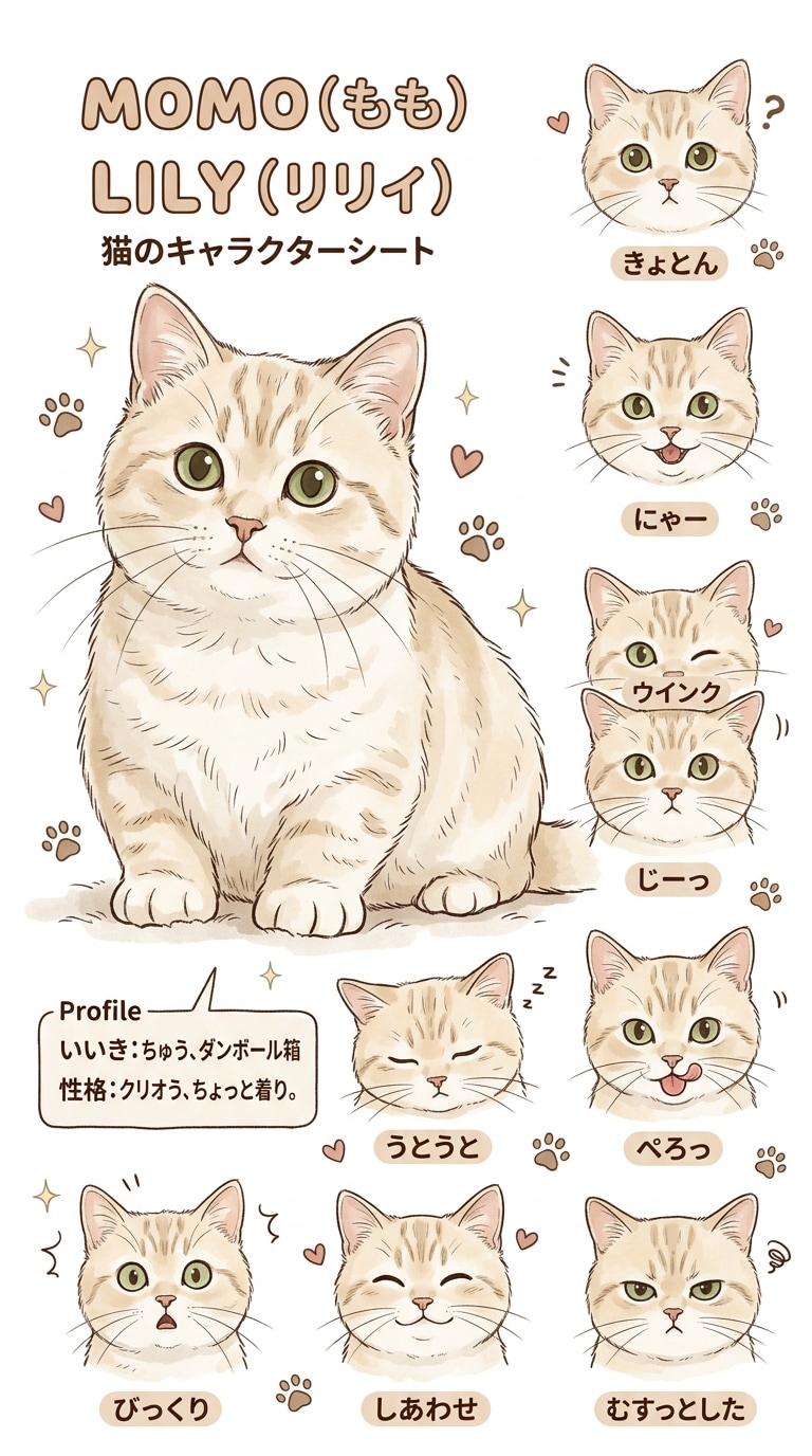 ナチュラル手描き風猫キャラクターシート