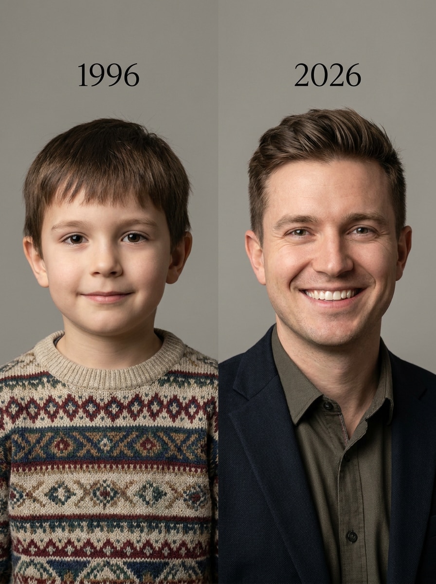 Then vs now portrait split childhood photo prompt