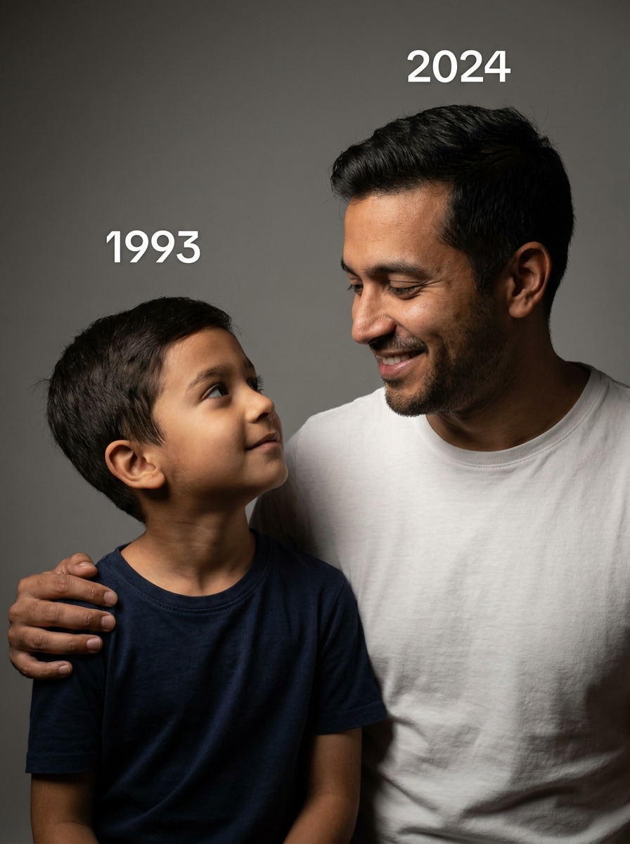 Parent and child role reversal AI childhood photo prompt