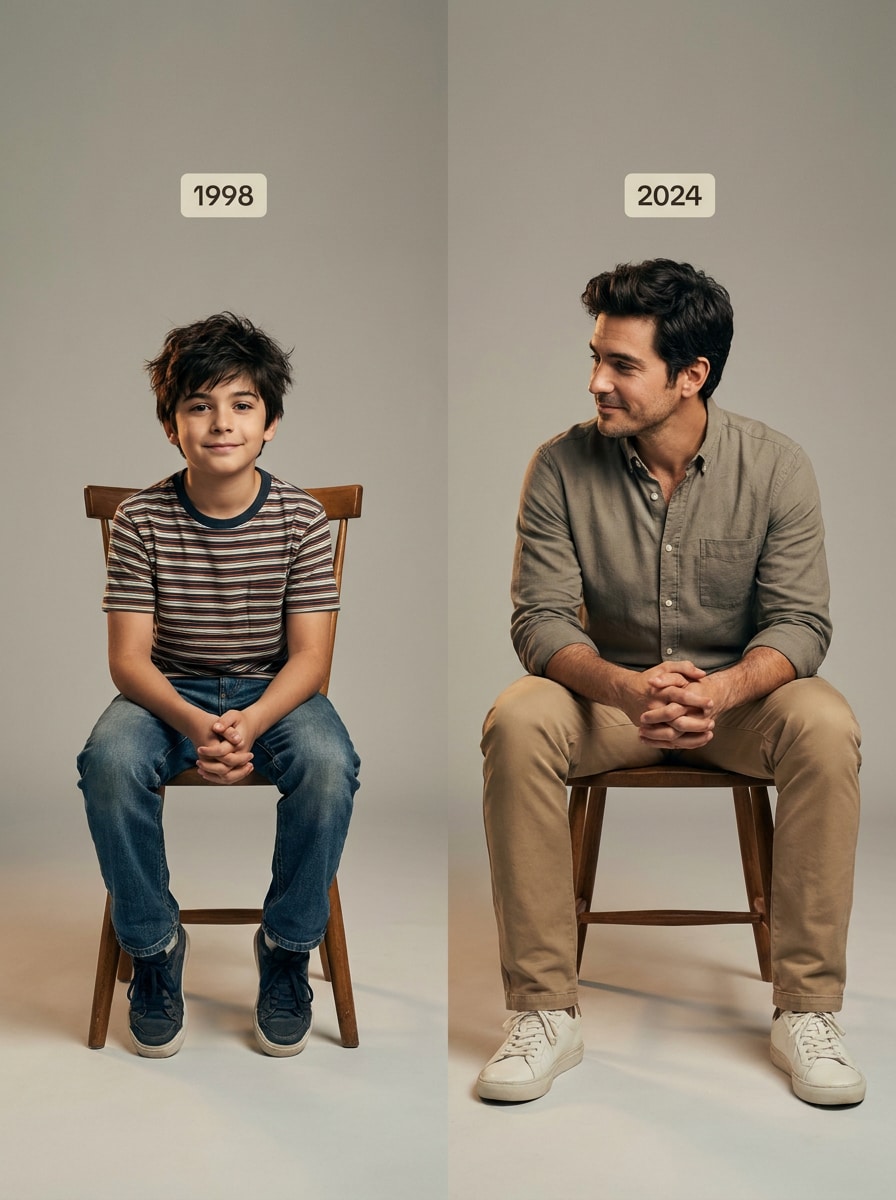 Sitting on same chair timeline childhood photo prompt