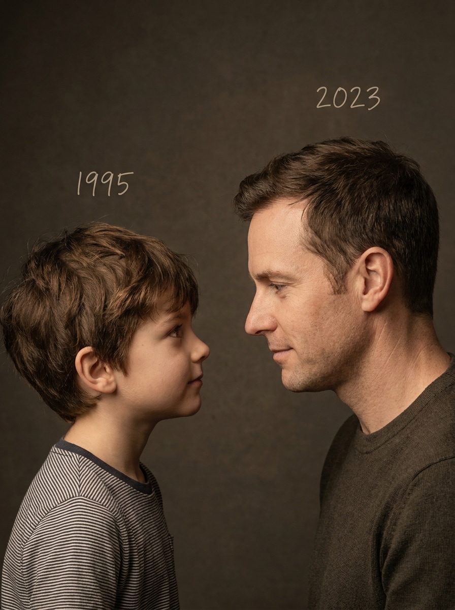 Minimal studio eye contact childhood photo prompt