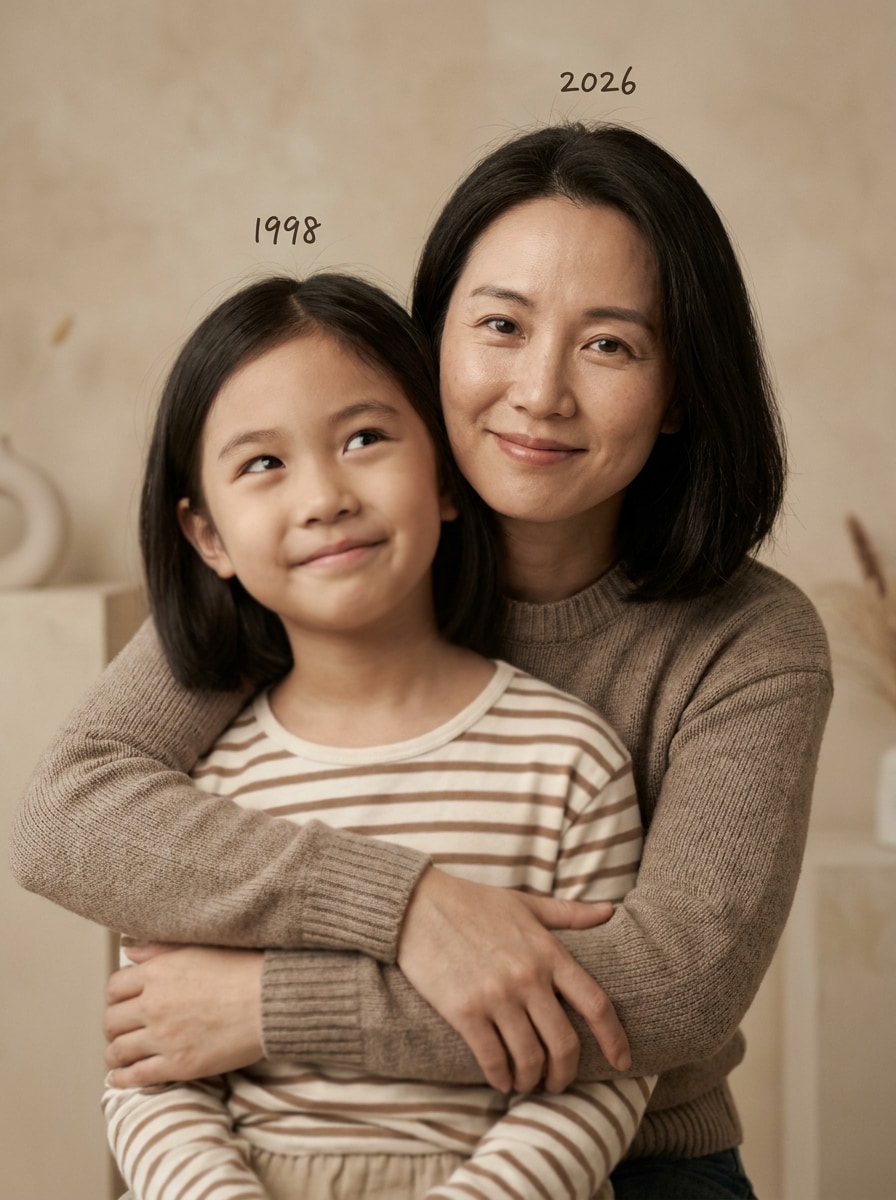 Hug your younger self AI childhood photo prompt