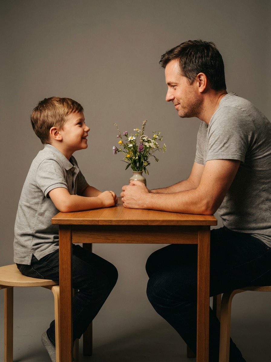 Sitting across table childhood AI photo prompt